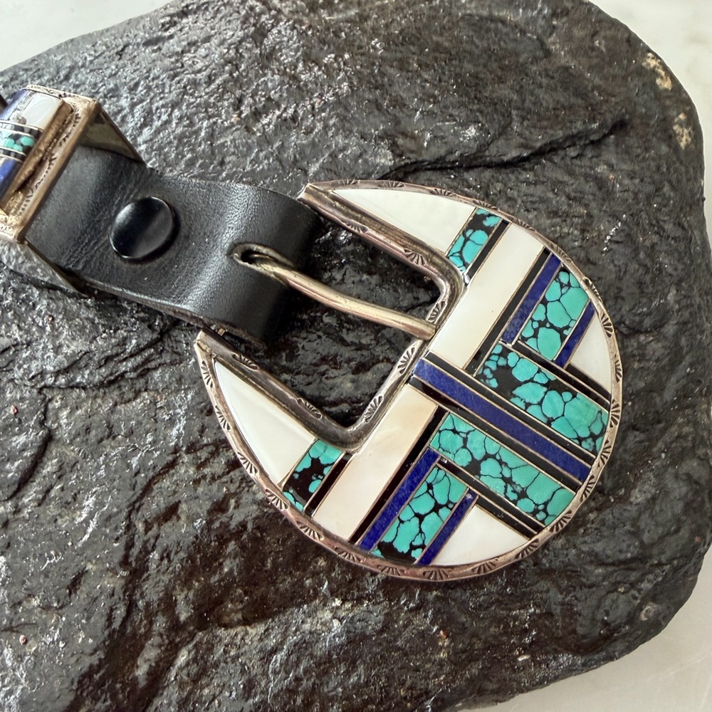 Vintage Navajo Native American Inlaid Ranger Belt Buckle Set - Picture 3 of 16